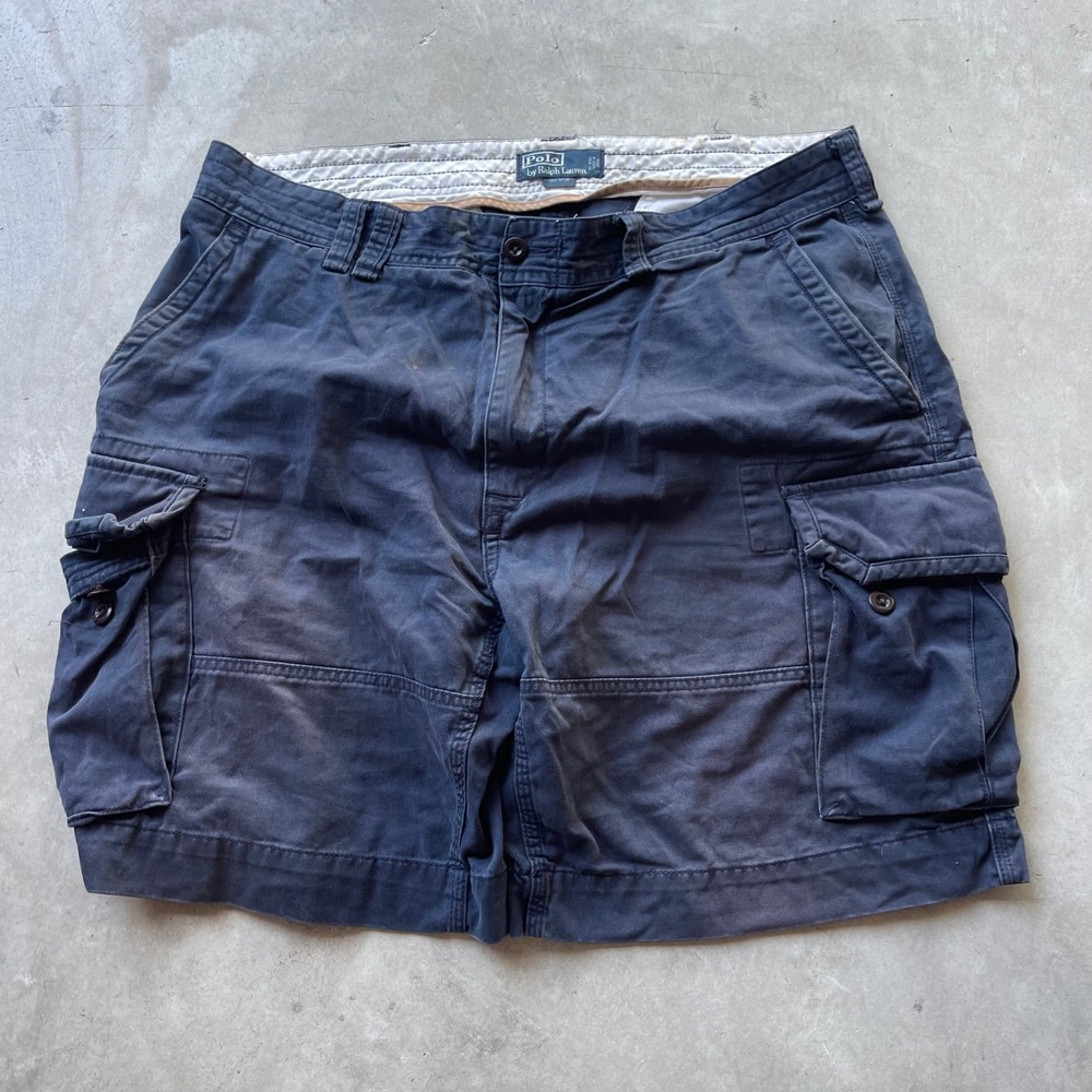 Polo Ralph Lauren Mens Navy Blue Cotton Cargo Shorts Size 40 Utility Sun Faded